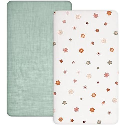 Pack and Play Sheets for Baby Boy and Girl 2 Pack, Neutral Muslin Cotton Pack N Play Mattresses Sheet 27"x39", Muslin Nursery Bedding Soft and Breathable Comfort (Sage & Flower-B)