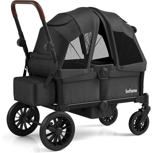 INFANS Wagon Stroller for 2 Kids, Collapsible Adjustable Push Pull Handle Bar, 2 Seater Stroller Wagon with Removable Canopy Snack Tray, Comfortable Drop-Down footwell and Upholstered Seats