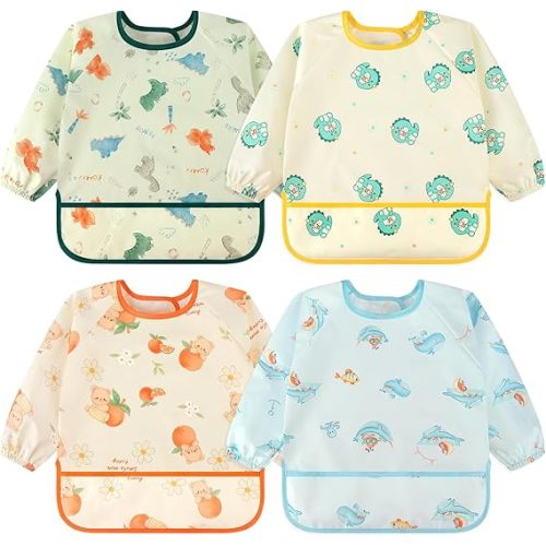 Accmor 4 Pack Long Sleeve Bibs, Baby Smock Waterproof Sleeved Bib Smock for Baby Toddler 6-36 Months