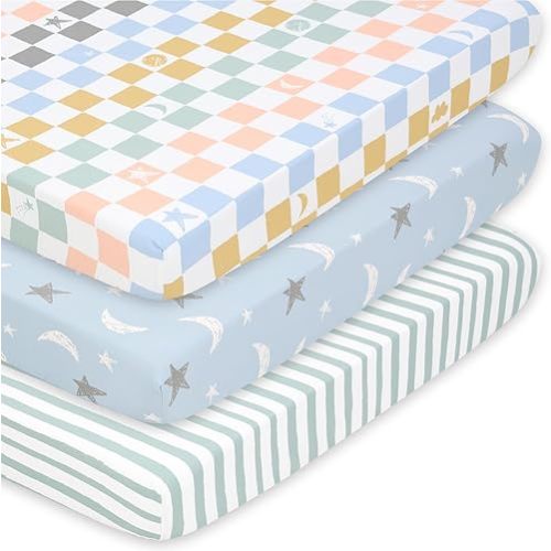 The Peanutshell 3 Pack and Play Mattress Sheets, Celestial Mini Crib Sheets Fitted, Pack N Play Sheets for Graco, Dream on Me, Playpen Mattress Pad, Playard Baby Crib Sheets, Gender Neutral, Boy, Girl