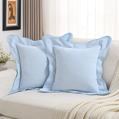 FUTEI Pack of 2 Solid Scalloped Bordered Throw Pillow Covers 18x18 Inch Soft Chenille Decorative Cushion Cases Farmhouse Accent for Couch Bed Living Room, Light Blue