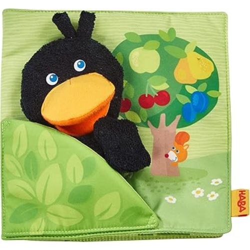 HABA Baby Soft Book and Interactive Busy Book for Babies 6-12 Months, Orchard Theme with Raven Finger Puppet and Fruit Basket for Sensory Play and New Baby Toys