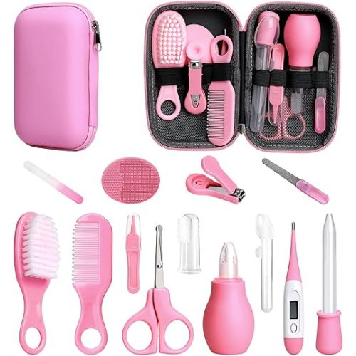 Baby Healthcare and Grooming Kit, 14 in 1 Baby Safety Set Newborn Nursery Health Care Set with Hair Brush Scale Nail Clippers for Baby Girls Boys (14 Kits Pink)