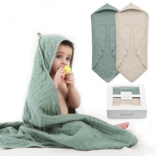 FAVERDIIY Hooded Baby Towels for Newborn, 35x35 Inch 2 Pack 100% Muslin Cotton Baby Bath Towel, Soft Baby Beach Towels with Hood for Infants, Toddlers and Kids, Essentials Must Haves