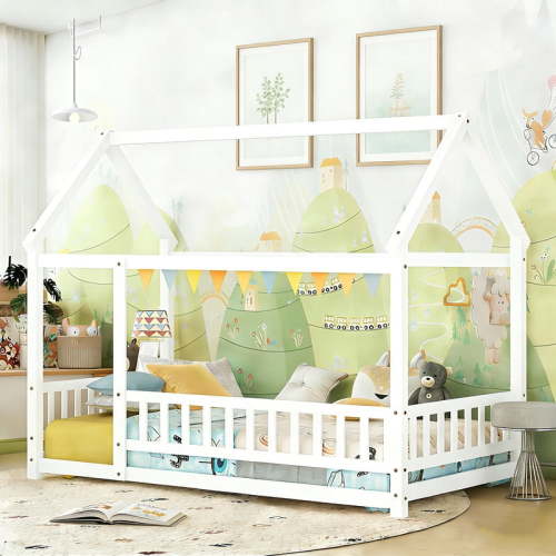 Bellemave, Twin Floor Bed, House Bed Frame with Fence, White