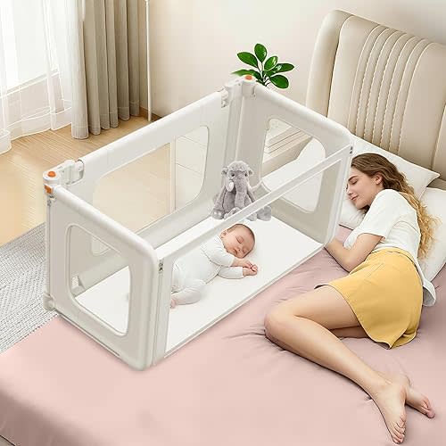 3 in 1 Bedside Bassinet, 69.26" x 19.29" Baby Bassinets Bedside Sleeper with Mosquito Net + Storage Bag + Child Lock, Baby Crib & Toddler Bed Rails for Twin, Full, Queen, King Size, Beige