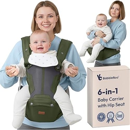 BabbleRoo Grow Carrier – Safety-Certified 6-in-1 Baby Carrier with Hip Seat, Ergonomic & Adjustable Toddler Carrier 7-50 lbs with Hip Support, Hood for Sun Protection, Newborn to Toddler,Seaweed Green