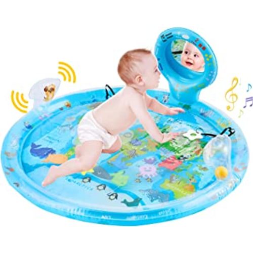 Tummy Time Mat Extra Large 31.5"×31.5" for 3-12 Months Baby, Inflatable Water Playmat with Mirror, Teethers, Rattles & Squeaker, Sensory Activity Center for Motor Development, Visual Stimulation