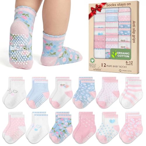 GOTS Organic Cotton Blend 12 Baby Girl Socks Newborn 6-12 M Non Slip Gift | Oeko-Tex Certified, Baby Socks, 12 Pairs, Socks For Baby Girl, Pink, 6-12 Months, Ultra-soft knit is gentle on newborn skin
