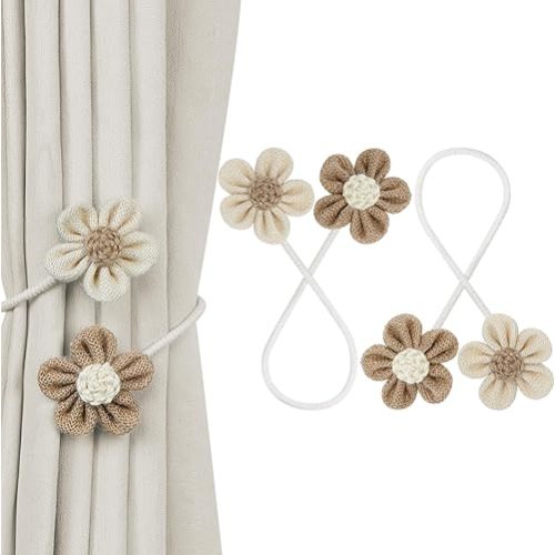 Flower Curtain Tiebacks, 2 Pack Boho Curtain Ties Elegant DIY Curtain Holdbacks, Decorative Window Drape Twist Tie Backs for Bedroom Decor, Nursery Decor, Farmhouse Decor