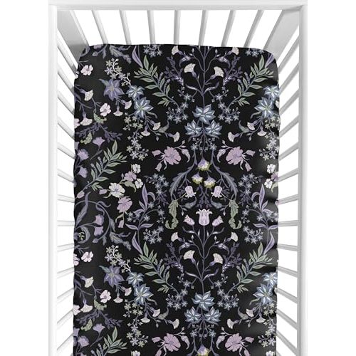 Sweet Jojo Designs Fitted Baby Crib Sheets (Black & Purple Wildflower Vintage Floral) for Girls, Infant Nursery, Toddler Room - Standard Size (Boho, Paisley, Bohemian, Cottagecore, Farmhouse, Flower)