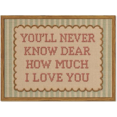 Framed You'll Never Know Dear How Much I Love You Wall Art, Vintage Nursery Pink Green Striped Pictures Wall Decor, Inspirational Quote Paintings Canvas Prints for Girl Bedroom Living Room 12x16 inch