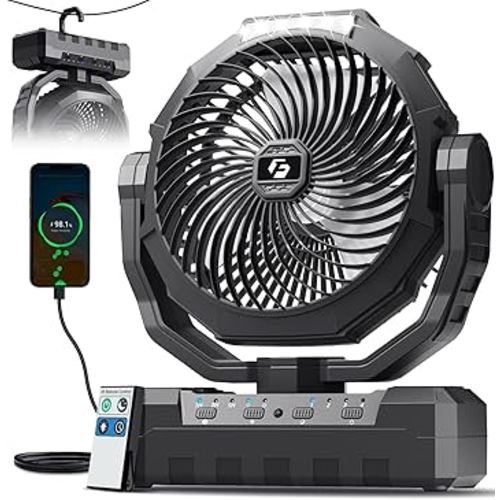FRIZCOL 3-in-1 Camping Fan - Portable Fans Rechargeable - 24000mAh Battery Powered Fan(105Hrs) with Light & Remote for Indoor, Outdoor, Tent, Travel, Fishing, Jobsite, Gifts for Men Dad Him - Black