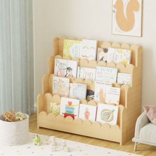 SpaceAid 4-Tier Scalloped Wooden Bookshelf – Montessori-Style Book Display for Kids’ Rooms, Playrooms & Classrooms, Natural Finish