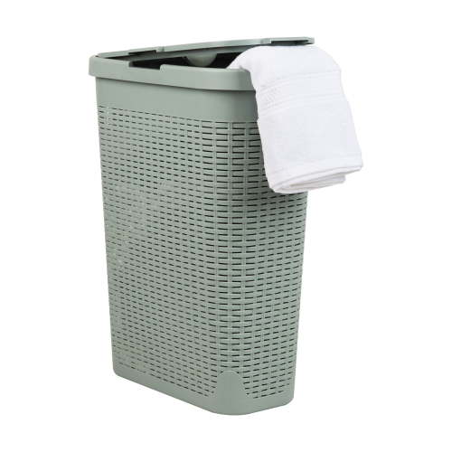 Free Shipping! Mind Reader 40L Slim Laundry Hamper with Lid, Wicker Design, Handles, Ventilation, Mint
