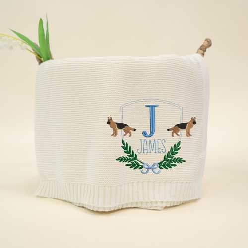Personalized German Shepherd Baby Blanket with Custom Embroidery Name, Knit Blanket for Newborn, Baby Shower Gift, Baby Nursery Decor