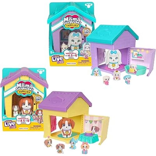 Little Live Pets Dog House Playset Bundle, Mama Surprise Families Beagle and Maltese Collection, Interactive Fold-Out Dog Playset Toy Gift for Kids 5+