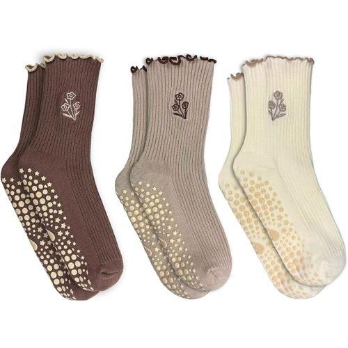3 Pairs Cute Pilates Grip Socks for Women, Ruffle Yoga Non Slip Barre Socks for Workout & Dance