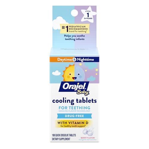 Orajel Baby Cooling Tablets for Teething with Vitamin D, 100 Quick Dissolve Tablets,White | Pain Relief for Swollen Gums, Babies Age 0+, Vitamin D Supports Healthy Teeth, #1 Pediatrician Recommended Brand for Teething