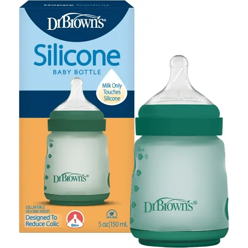 Dr. Brown's Silicone Baby Bottle with Collapsible Insert Designed to Reduce Colic, 5 oz with Wide-Neck Level 1 Slow Flow Nipple, BPA-Free, 0m+, Green, 1-Pack