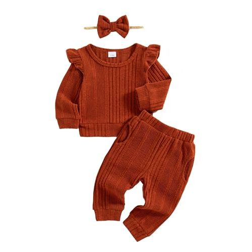 Mioglrie Toddler Baby Girl Fall Winter Clothes Long Sleeve Sweatsuit 3-24M | Warm Fleece Long Sleeve Ruffle Top,Stretch Sweat Pants,Matching Bow Headband,3Pcs,Infant Toddler Girl Outfits Fall Winter
