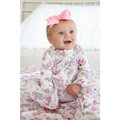 Dragon Adventure Ruffle Zipper Footie in Pink | Caden Lane