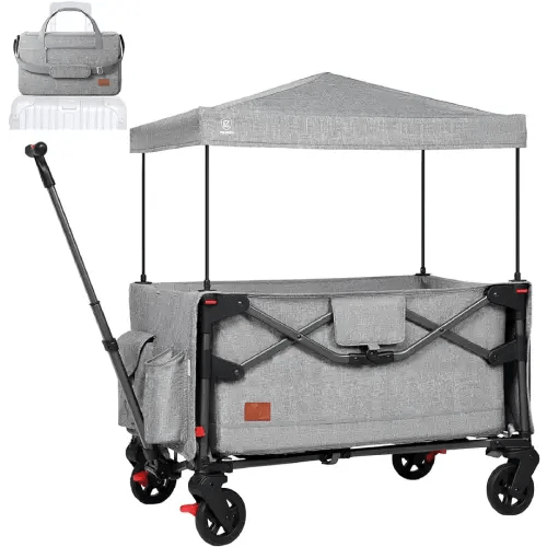 EVER ADVANCED Foldable into Bag Travel Wagon Stroller for 2 Kids & Cargo, Collapsible Toddler Wagon with Removable Canopy, Adjustable 5-Point Harness, Lightweight Carry-on Stroller for Airplane Gray