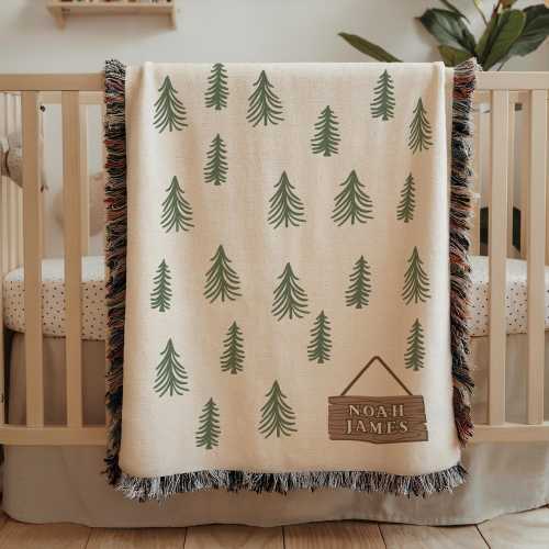 Personalized baby blanket woodland forest themed nursery baby boy name blanket trees wood sign
