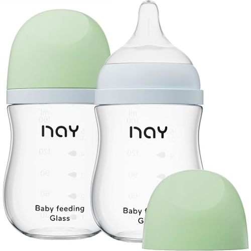 yanyoyo Natural Glass Baby Bottle Wide Neck, Anti-Colic Baby Bottle, Clear, 5.4oz(Pack of 2), Includes 2Pcs Natural Response Nipple(S), 1 Months+