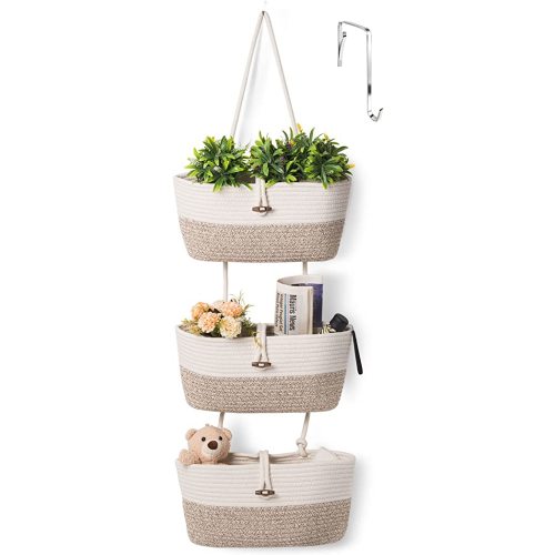 Over the Door Basket Cotton Rope Organizer, 3-Tier Wall Hanging Storage Basket, Closet Organizing, Decorative Baskets for Organizing Living Room—14.5“x7 (Apricot)