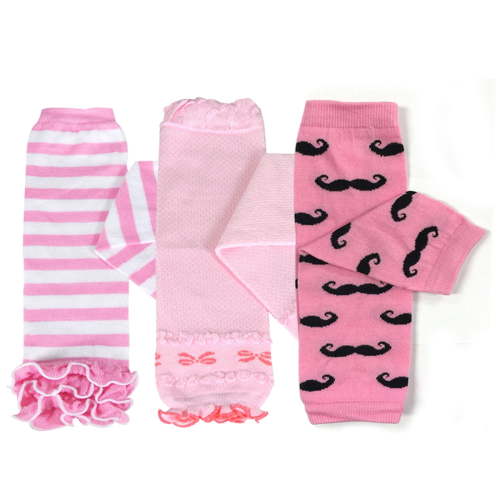 Wrapables Baby 3-Pair Leg Warmers O/S Pink in Stripes and Ruffles, Bows, Moustache