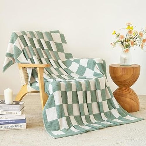 Checkered Blanket, Cozy Soft Throw Blankets for Couch Bed, Fluffy Plaid Lightweight Comfy Travel Picnic Blanket Gifts for Sofa Chair Living Room Camping (Sage Green, Throw 50"x60")