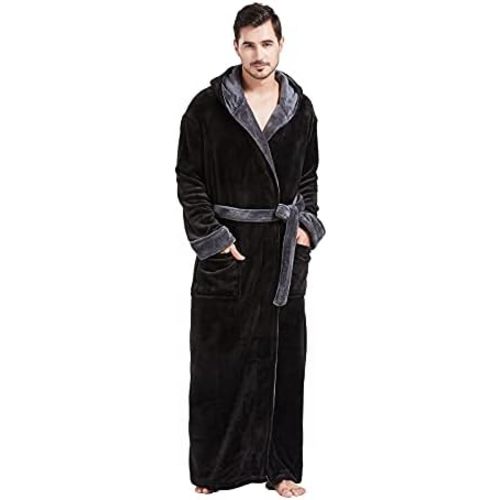 FashGudim Mens Robes Big and Tall with Hood Two-Tone Flannel Fleece Contrast Bathrobe Full Length Plush Long Robe House Coat
