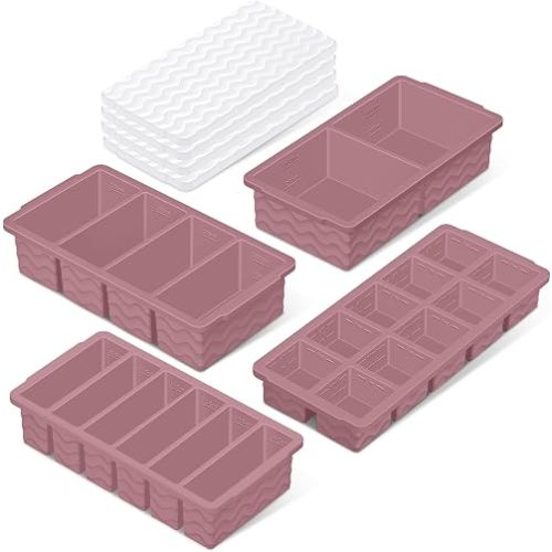 Silicone Freezer Trays with Lid (4-Pack), 1-Cup, 2-Cup, 1/2-Cup & 2-Tbsp Silicone Freezer Molds, Stackable Soup Freezer Meal Prep Containers,Ice Cube Tray for Making Sauce,Smoothies,Yogurt Bites