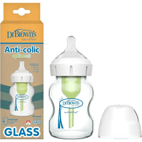 Dr. Brown's Natural Flow Anti-Colic Options+ Wide-Neck Glass Baby Bottle 5 oz/150 mL, with Level 1 Slow Flow Nipple, 1 Pack, 0m+