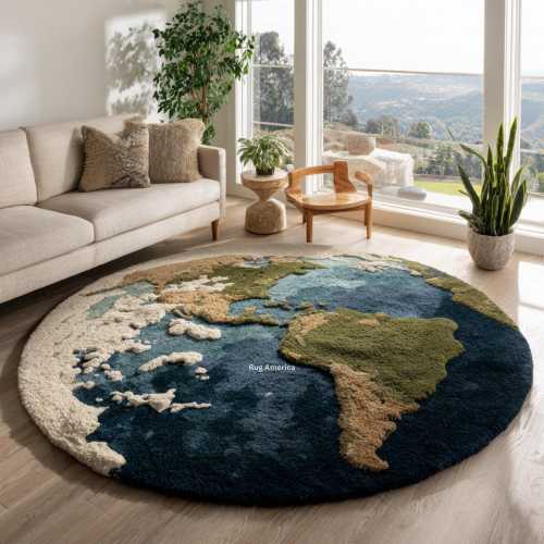 Hand-Tufted Wool Round Rug – Earth Map Design