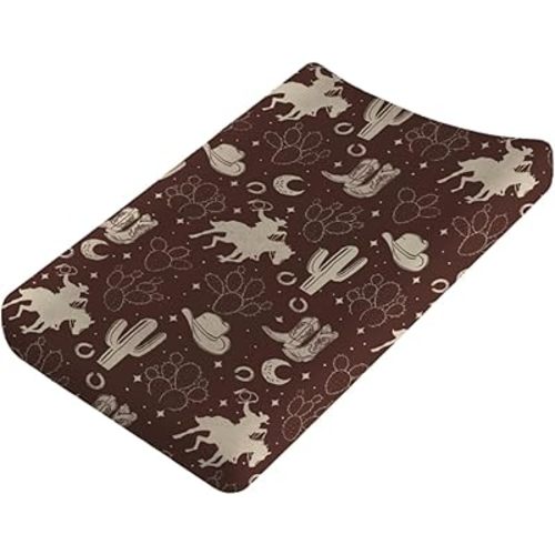 Vintage Western Cowboy Baby Changing Pad Covers Cowboy Horse Boots Hat Cactus Moon Baby Diaper Changing Table Sheets for Boys Wild Plants Soft Breathable Stretchy Nursery Change Table Mats 32''x16''