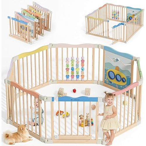 Foldable Wooden Playpen - Adjustable Wood Baby Play Yard with Child-Proof Lock, Indoor Large Safety Fence for Babies and Toddlers - Easy Assembly, 55 x 55 x 24 inches, Ocean Adventure, Colorful