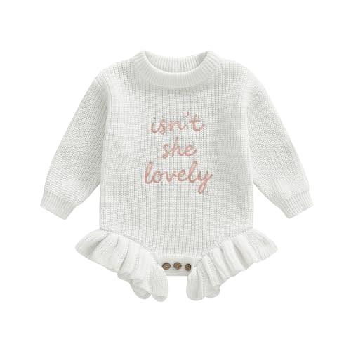 Gueuusu Baby Girl Sweater Romper Long Sleeve Letters Embroidery Ruffle Bodysuit Jumpsuit Newborn Winter Clothes