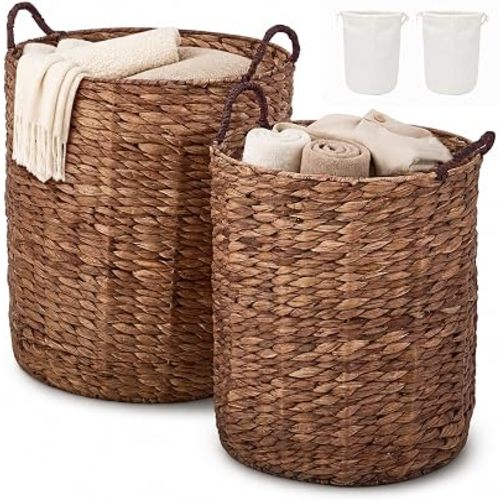 Round Water Hyacinth Storage Baskets with Removable Liners