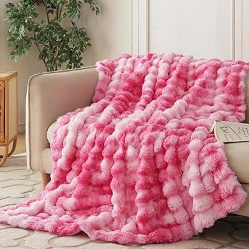 COOVA Faux Fur Throw Blanket for Couch, Cozy Soft and Fuzzy Plush Rabbit Fur Bubble Blanket for Sofa Bedroom Living Room, 60x80 Inches Tie Dye Pink