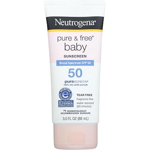 Neutrogena Pure & Free Baby Mineral Sunscreen Lotion with Broad Spectrum SPF 50 & Zinc Oxide, Water-Resistant, Hypoallergenic & Tear-Free Baby Sunscreen, Paraben-Free, Dye-Free, 3 fl. oz, 1 Pack