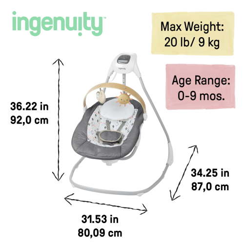 Ingenuity SimpleComfort Compact Soothing Swing, Gray, Ages 0-9 Months, Parker