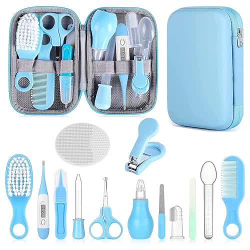 Baby Grooming Kit, Infant Safety Care Set with Hair Brush Comb Nail Clipper Nasal Aspirator,Baby Essentials Kit for Newborn Girls Boys (Blue)