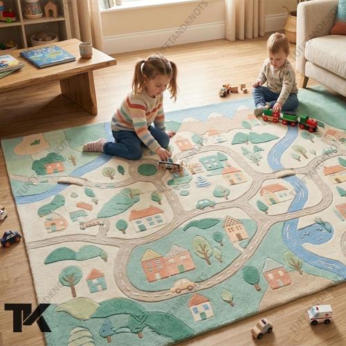 Kids Town Adventure Road Map Rug with Rivers Houses Trees Cars Playful Pastel Nursery Playroom Soft Educational Area Carpet