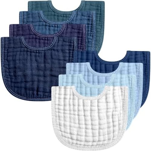 Frienda 8 Pcs Muslin Baby Bibs Waterproof Bib for Drool,Blue Colors