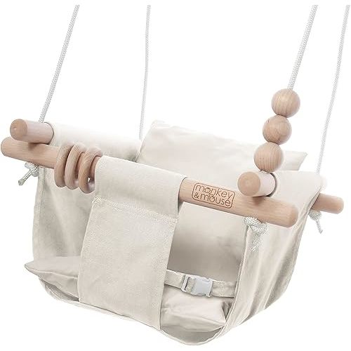 Monkey & Mouse Baby Swing, Cream Indoor Outdoor Portable Hanging Chair - Infant & Toddler Kids 6 Months - 4 Years, Cotton Canvas & Beech Wood Frame, Sensory Hammock Boy & Girl Seat w/Wooden Toys
