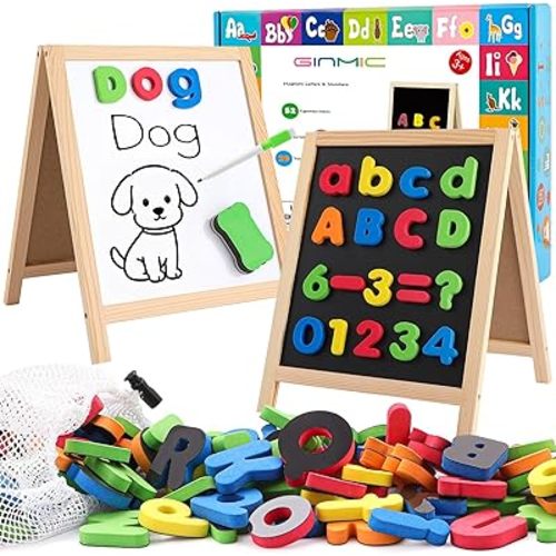 GINMIC Magnetic Letters and Numbers with Magnet Board, Alphabet ABC Magnets, Learning & Educational Toys - Uppercase Lowercase Math Symbols with Magnetic Whiteboard Chalkboard for Toddlers Kids