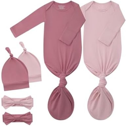 ewborn Knotted Gown 2-Pack, Soft Breathable Baby Sleep Gown with Hat & Headband for Boys Girls
