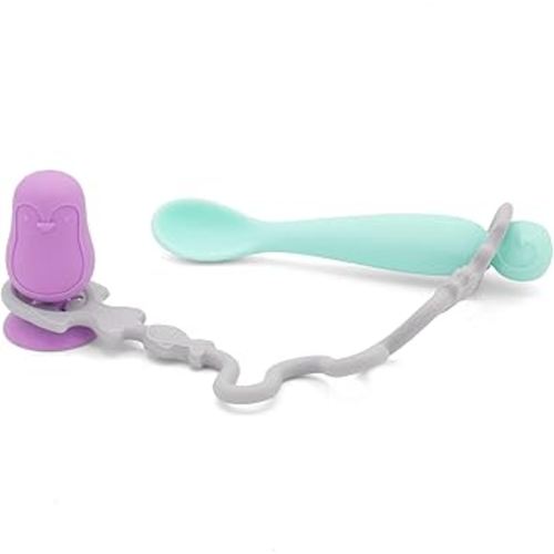 • Easy Learn Baby Spoon & Tether Set • Baby Spoon with Tether for Babies and Toddlers • Keeps Spoon Off Floor • Ages 6 mo+ • Dishwasher Safe (Penguin, Plum)